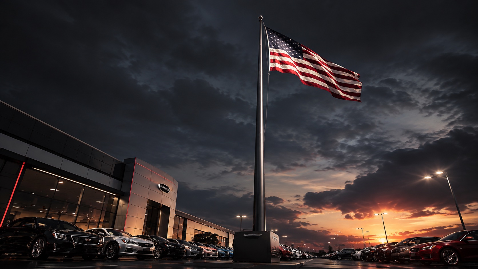 FlagBoxx 100 permanently installed at a car dealership, flying a full-size flag above the front row at dusk