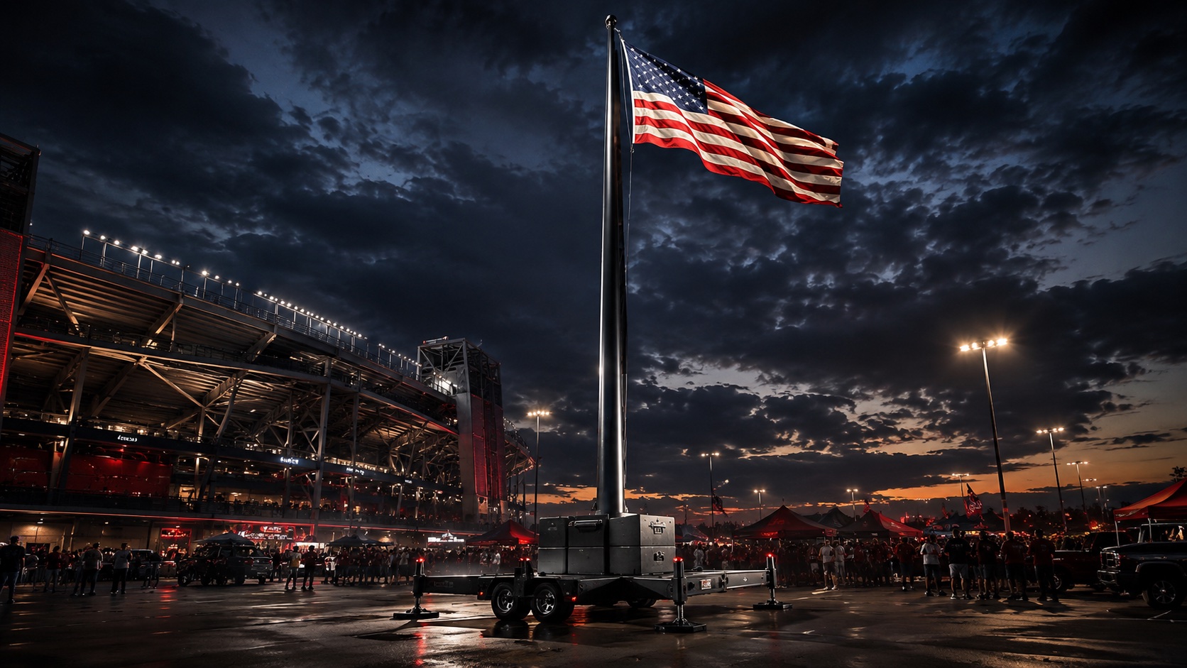 FlagBoxx Mobile deployed on its ballast trailer with outriggers down outside a stadium on event night