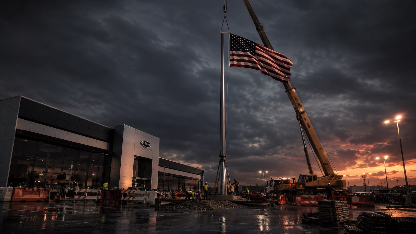 A crane holding a permanent flagpole upright over a fresh foundation while a crew works a closed-off lot
