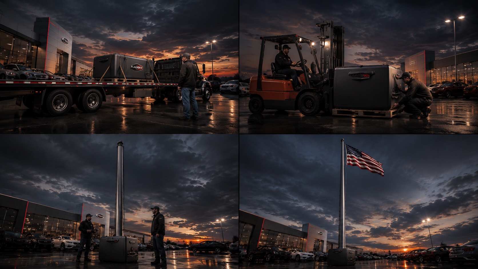 Four frames showing a FlagBoxx system arriving collapsed on a flatbed, being set by forklift, commissioned by two technicians, and flying at full height