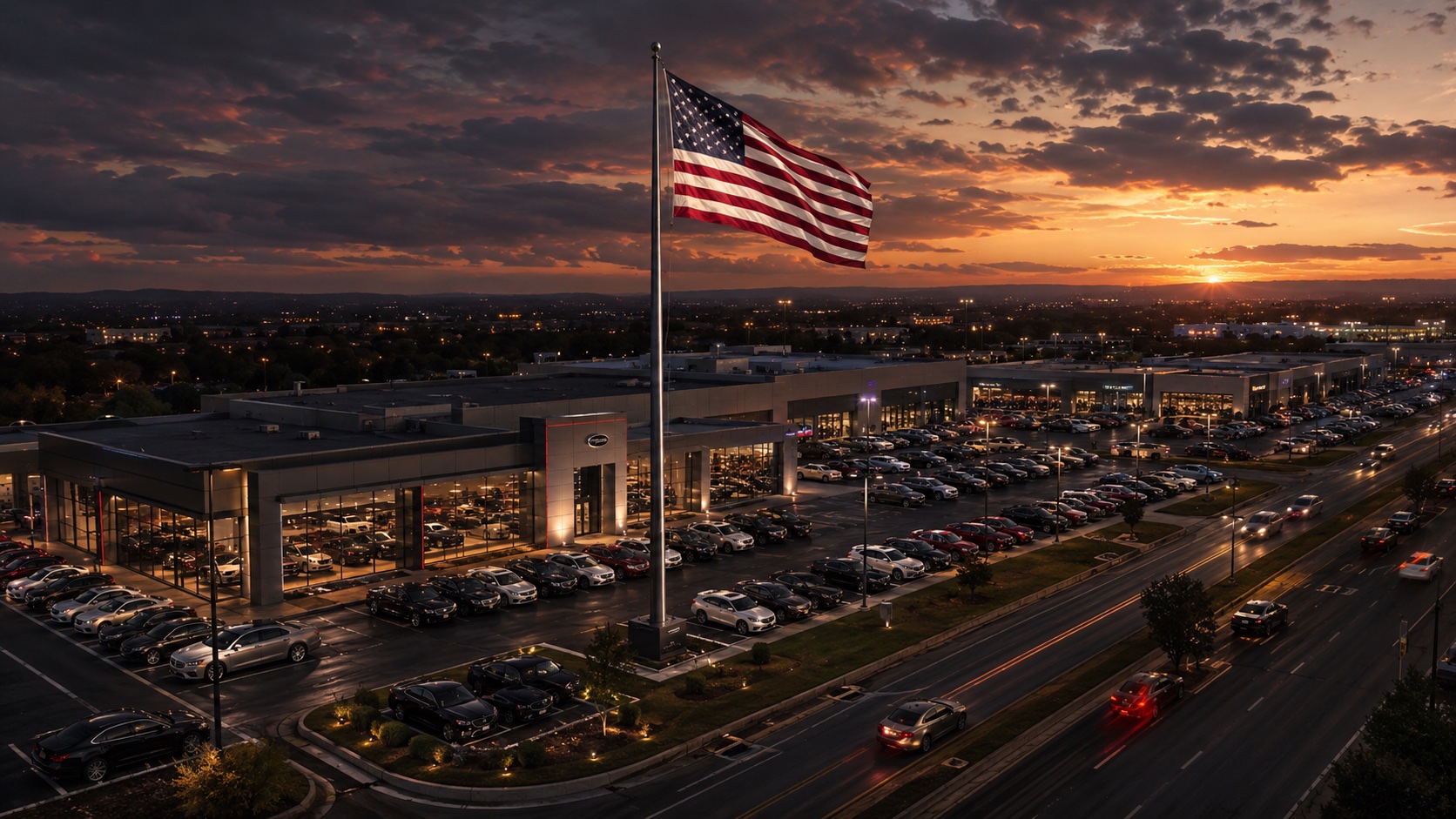 Aerial view of a car dealership at dusk with a 100-foot flag over the lot and a busy highway alongside