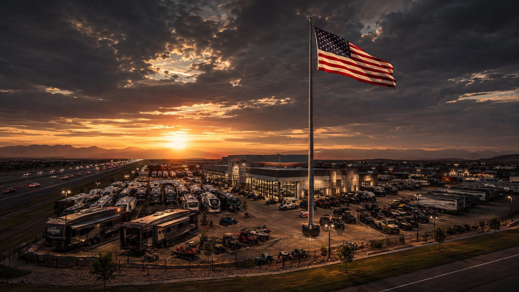 Aerial view of an RV and powersports dealership at sunset with a 100-foot flag rising above rows of motorhomes