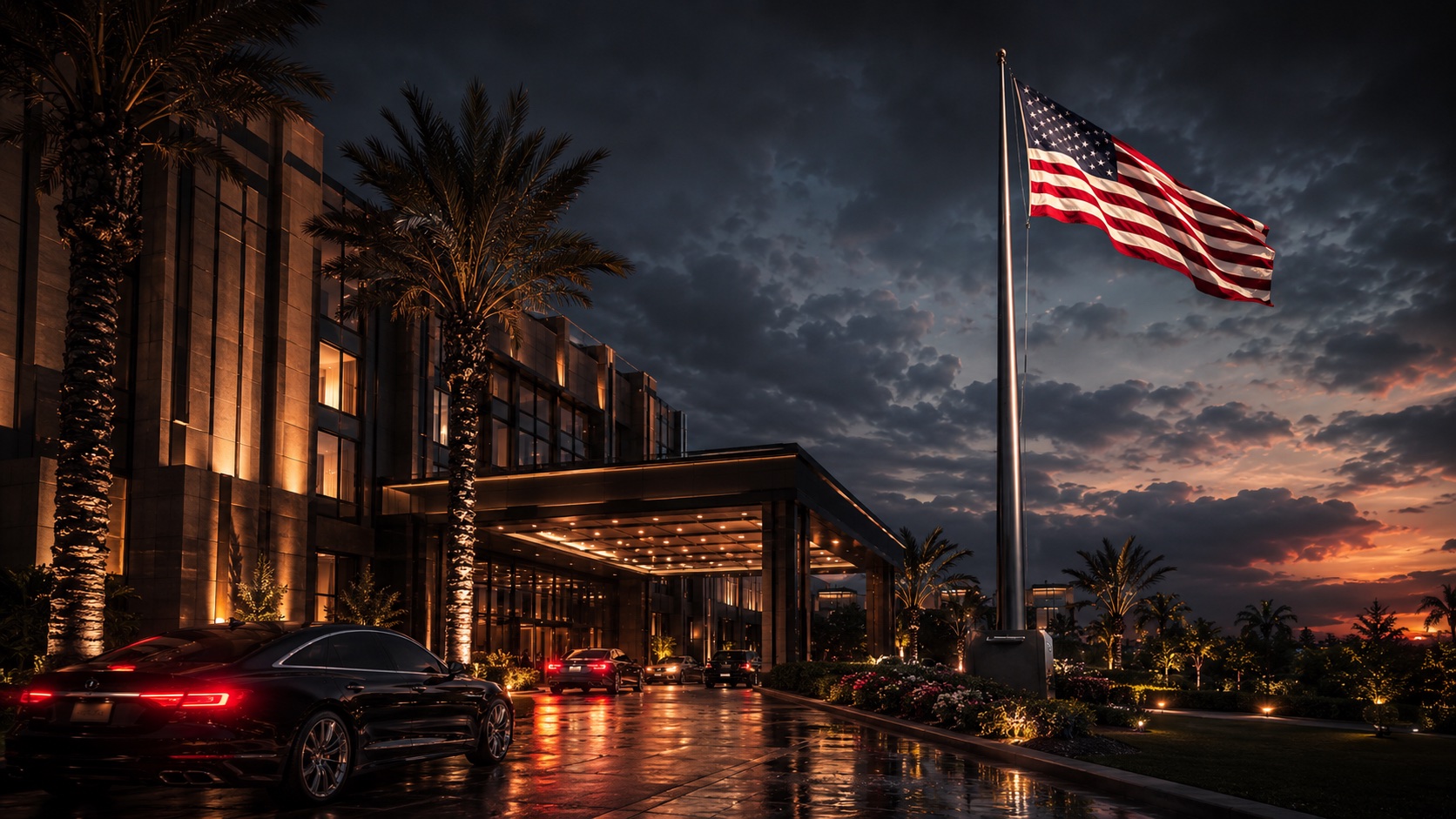 A luxury hotel entrance drive at dusk with palms, arriving cars, and a tall illuminated flag beside the porte-cochere