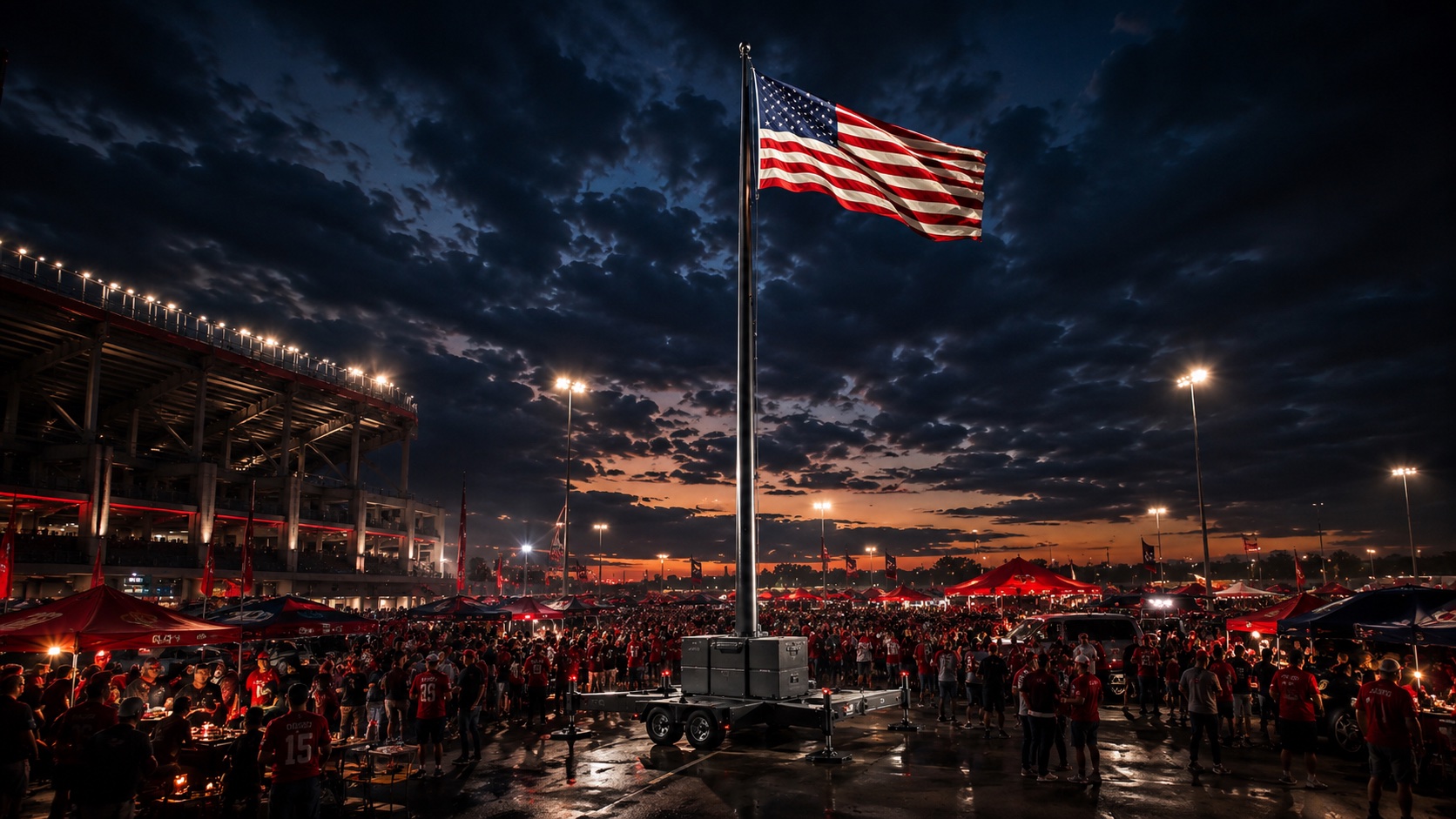 A packed stadium tailgate lot at night with tents and crowds beneath a FlagBoxx Mobile flying a full-size flag